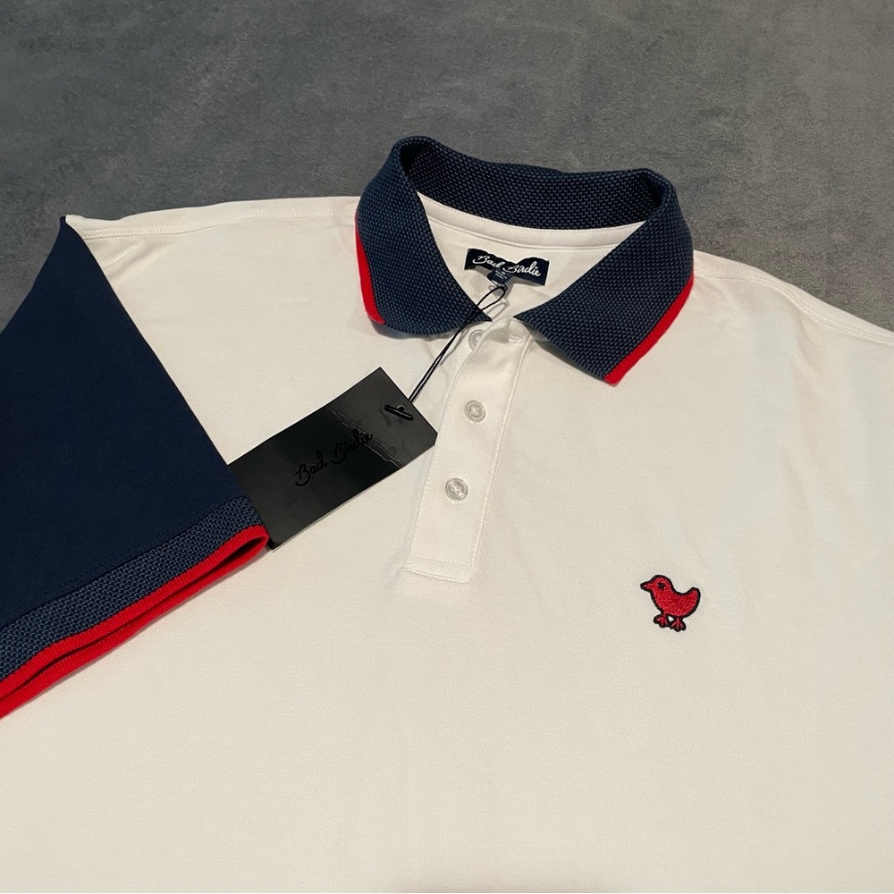 Bad Birdie Pique Polo Shirt Mens White Navy Golf Casual Embroidered